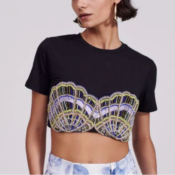 Hayley Menzies Women's Conchita Seashell Mermaid Embellished Cropped T-Shirt - Black, Size M