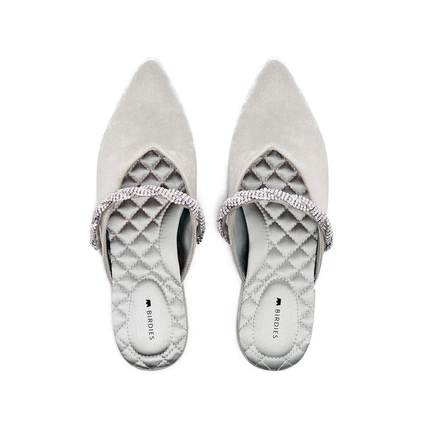 Birdies The Swan Snow Crystal Velvet Slip-On Flats – Silver, Size 8.5