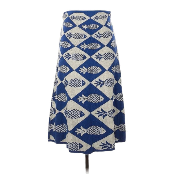 Farm Rio Women's Blue White Knit Midi Pineapple Fish Print Skirt, Size XS