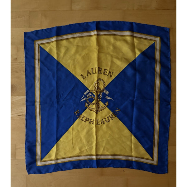Lauren Ralph Lauren Yellow Blue Nautical Anchor Flag Silk Scarf 22”