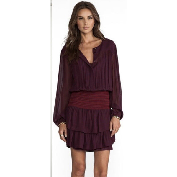 Antik Batik Maroon Burgundy Tiered Ruched Mini Dress XS