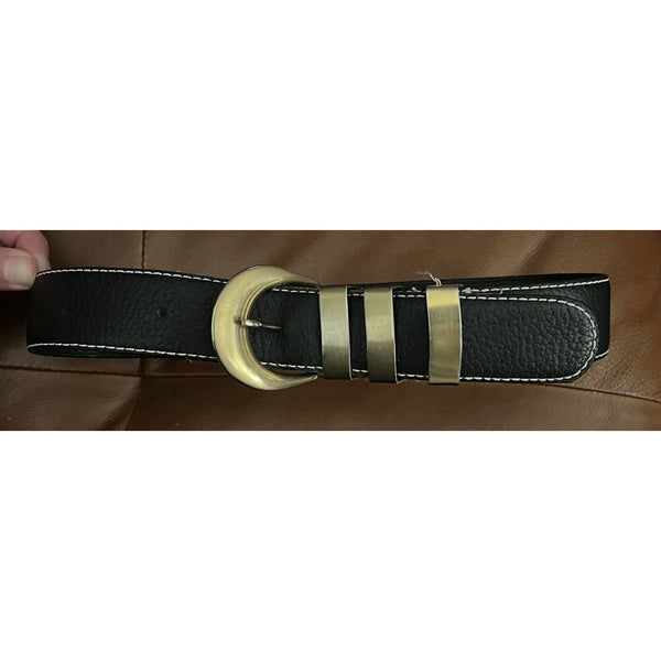 VTG Liz Claiborne Black Leather Belt Gold Hardware Retro Chic Small