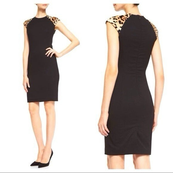 Ralph Lauren Women’s Black Label Farrah Sheath Dress Wool with Calf Hair Leopard Print Shoulders | Size 2