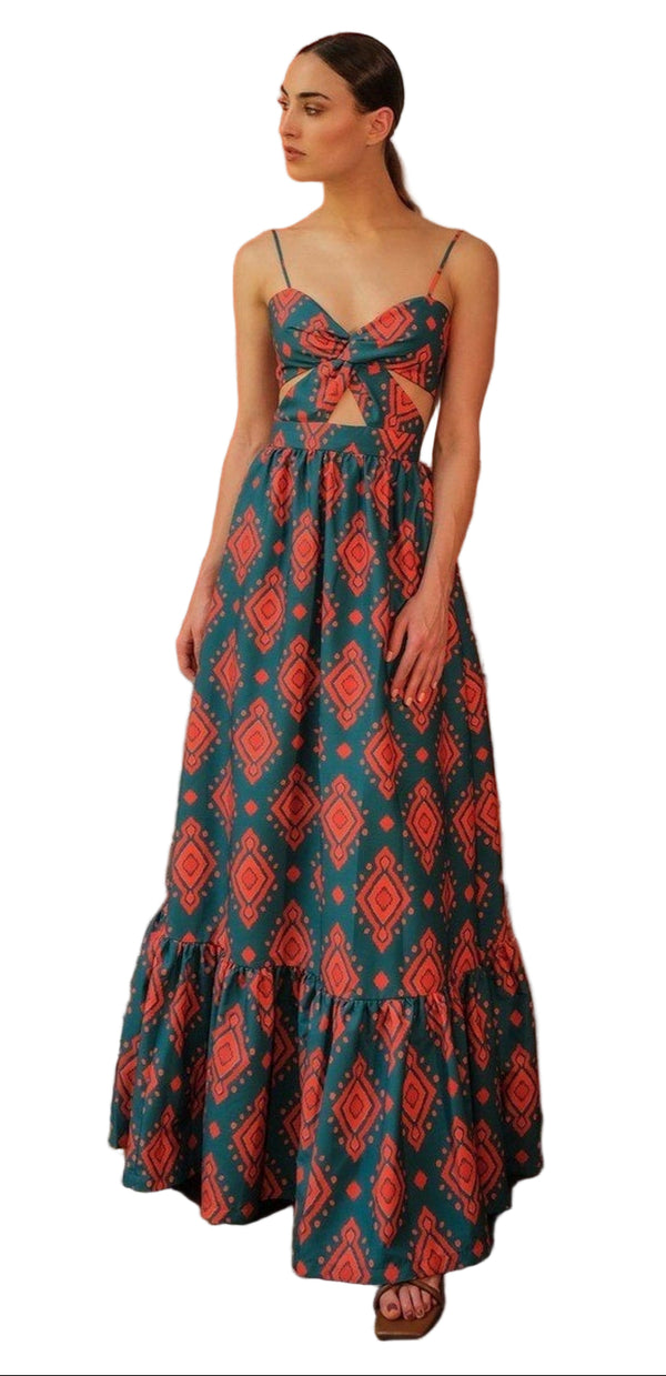 Andres Otalora Women’s Menara Cotton Maxi Dress – Teal & Orange Print – XS