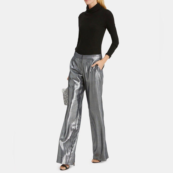 10 Crosby Derek Lam Women's Silver Lame Liquid Flare Wide Leg High Waist Silk Trousers - Size 6