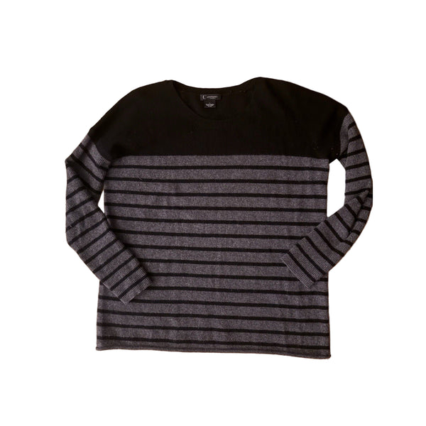 C by Bloomingdale’s Women’s 2-Ply Cashmere Grey & Black Stripe Sweater – Size Large