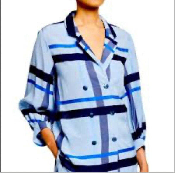 Lela Rose Women's Oversized Blue Plaid Double-Breasted Top with Balloon Sleeves, Size 6