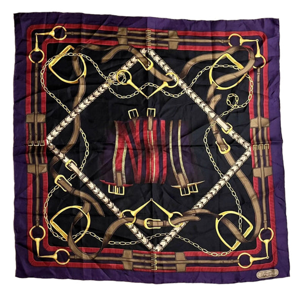 Lauren Ralph Lauren Equestrian Horse Bit Purple Red Black 35” Silk Scarf