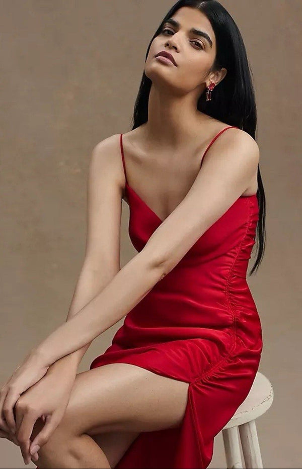 NWT Anthropologie Women’s  BHLDN Red Jennings Satin Maxi Slit Dress Size 4