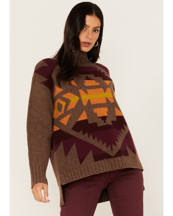 Pendleton Brown Aztec Navajo Print LambsWool Mock Neck Sweater Western Cowboy M