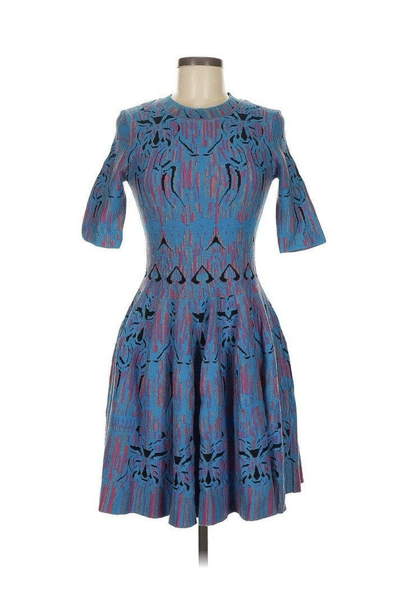 MISSONI Women's Fit & Flare Knit Dress – Blue & Pink Print, Silk Cotton Blend, Medium (No Brand Tag)