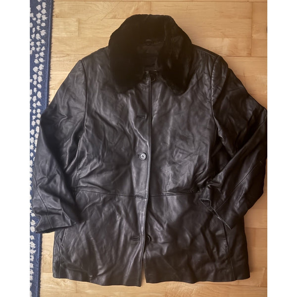 Liz Claiborne Black Leather Button Up Jacket Coat Removable Fur Collar Lining XL