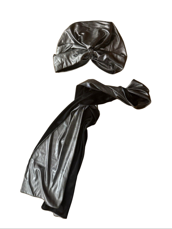 Silver Liquid Turban Hat and Reversible Scarf