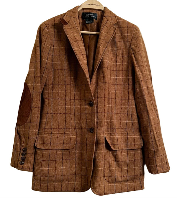 VTG Lauren Ralph Lauren Women’s Brown Windowpane Plaid Blazer with Elbow Patches | Size 6