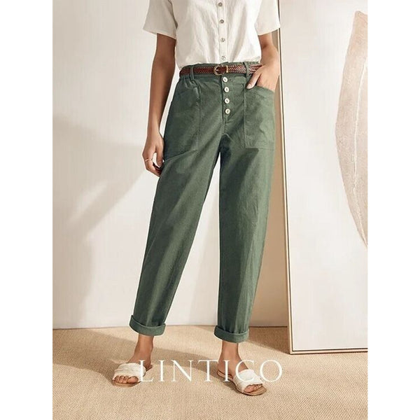 Lintico Pants Green Button Fly Straight Taper Stretch Waist Linen Blend XL