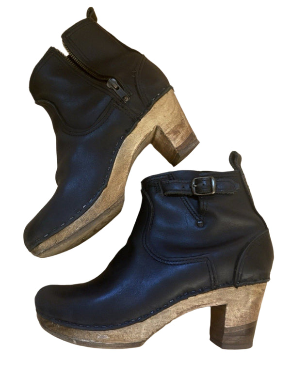 No.6 Women's Black Leather Clog Buckle Boot Heel Size 38