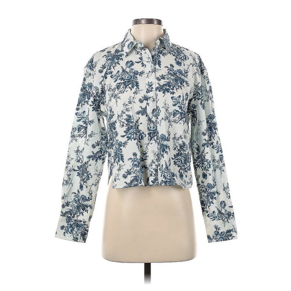 Love Shack Fancy x Gap Womens Floral Cropped Button Down Shirt Blue White XS