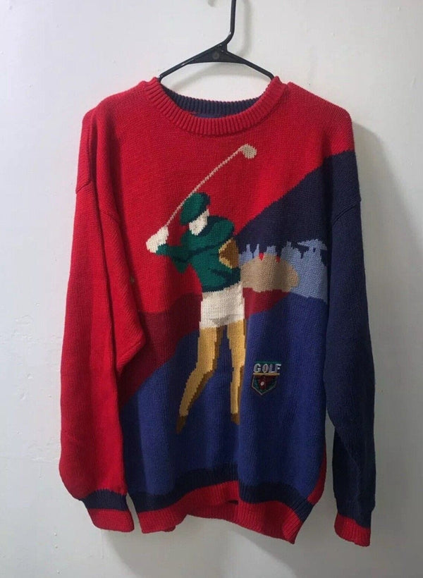 Golf Graphic Men's Multicolor Sweater Preppy Style, Size Large