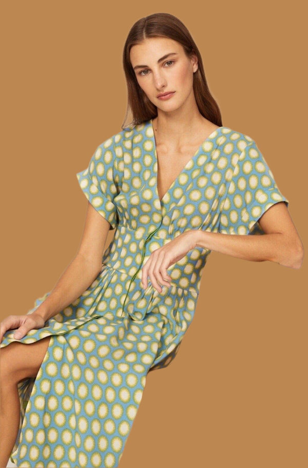 Diane Von Furstenberg Women's DVF Marge Printed Midi V-Neck Shirt Dress Blue Green | Size 4