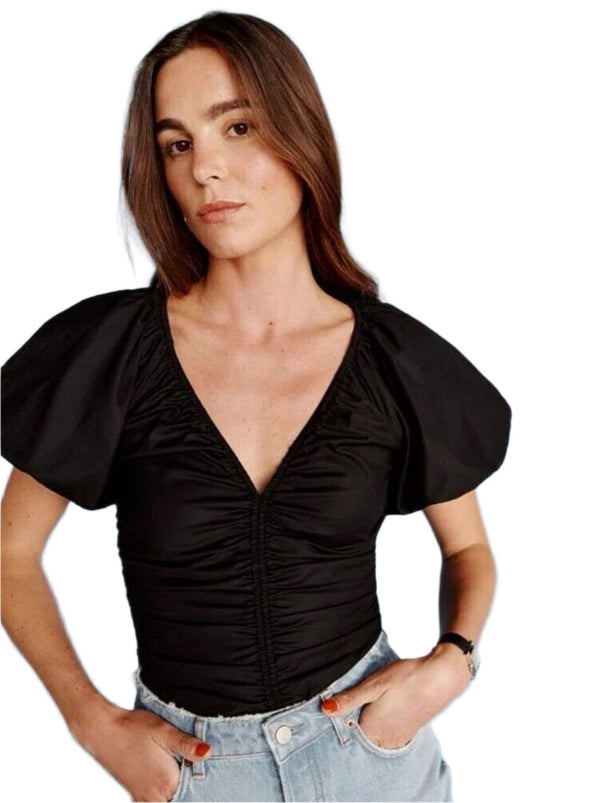 Reformation Women's Sonny Organic Cotton Ruched Puff Sleeve Top - Black, Size 2