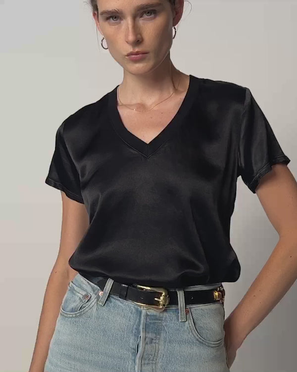 nation ltd viscose black satin v neck short sleeve t shirt june top Small