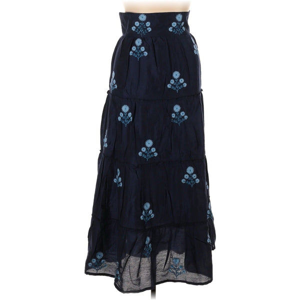 Madison Mathew Women's Blue Floral Block Print Maxi Long Silk Skirt, Extra Large