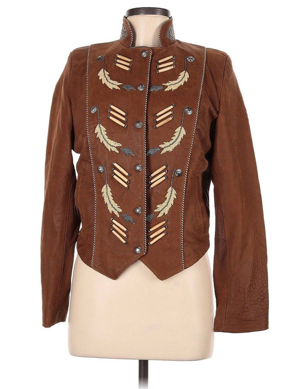 Tribe Women's America Tan Brown Suede Leather Jacket, Embroidered Bone & Bead Western, Size 6