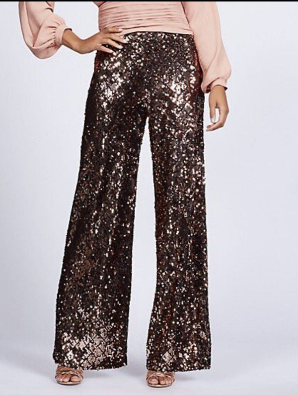 Gabrielle Union Women's Sequin Sparkle Wide Leg Pants - Gold, Size XXL