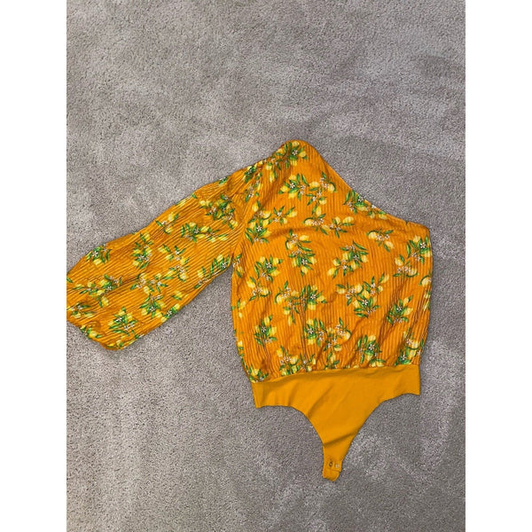 Cami NYC Bodysuit Orange Yellow Lemon Print Lenore One Shoulder Puff Sleeve L