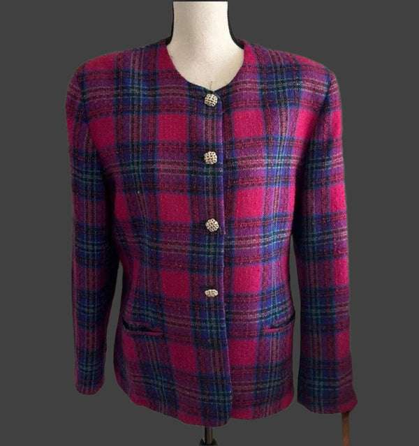 VTG Talbots Women’s Red & Fuchsia Tartan Plaid Wool-Blend Blazer, Size 14