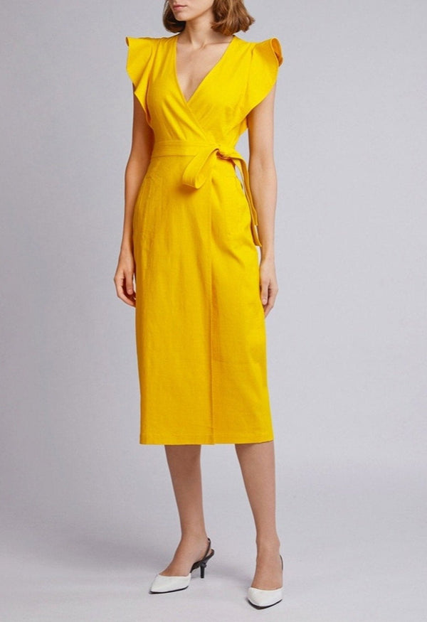 ALC Women's Cap Sleeve V-Neck Linen Midi Wrap Dress - Yellow - Size 2