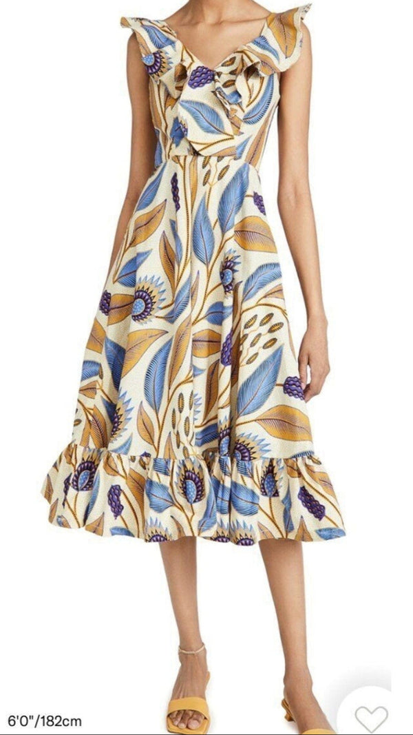 SIKA Women's Blue Tan Floral Leaf Print Ruffle Midi Dress – UK 10 / US 6