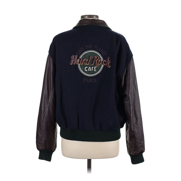 Rare Vintage Hard Rock Cafe Men's Paris Bomber Jacket, Brown Leather & Navy Blue, Medium