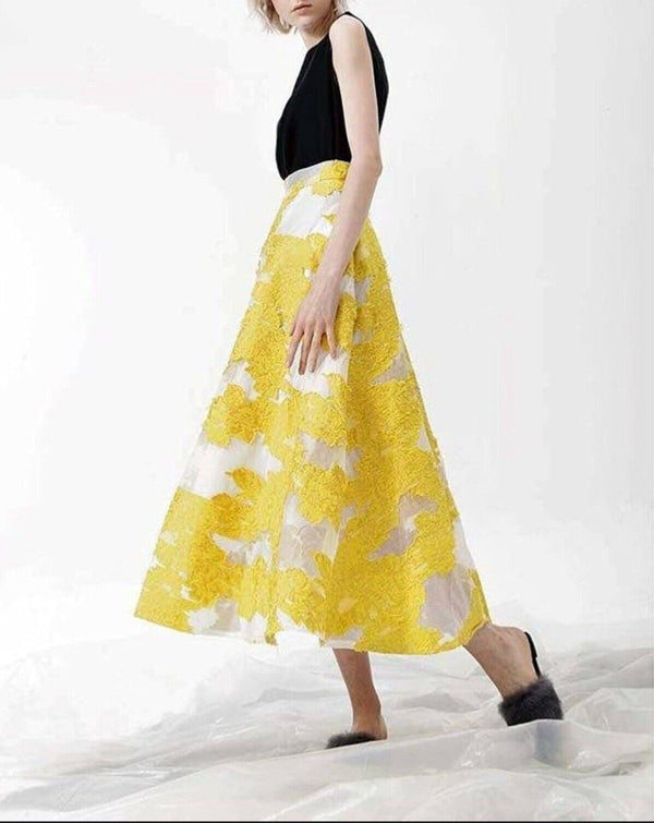 Beulah Women's Yellow & White Patchwork Semi-Sheer Midi Skirt - Size Small