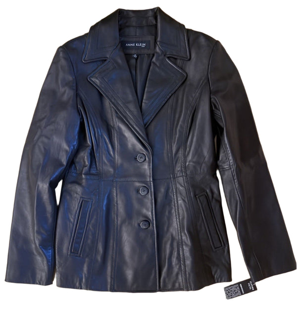VTG New Anne Klein Women’s Black Leather Button-Collared Jacket 8