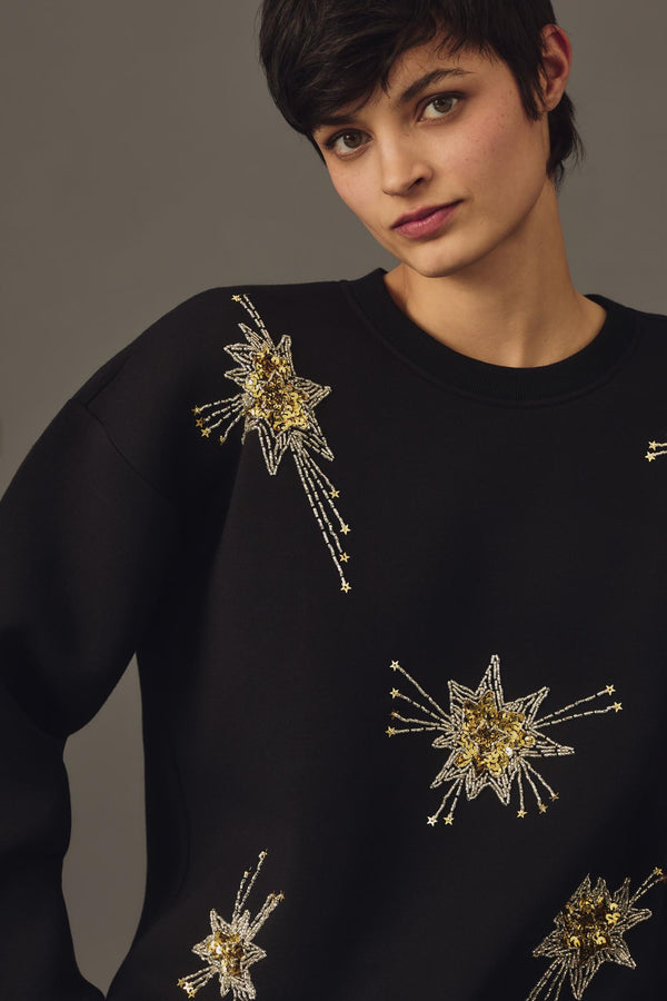 NWT By Anthropologie Women's Sequin Star Sweatshirt Beaded Crewneck Black Medium