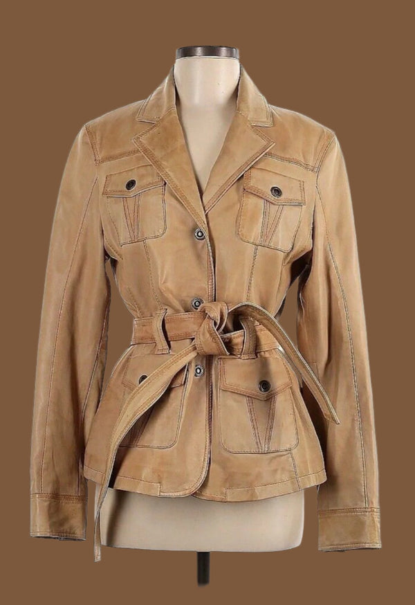 Kenneth Cole Reaction Women's Tan Brown Soft Leather Snap Front Safari Jacket, Medium