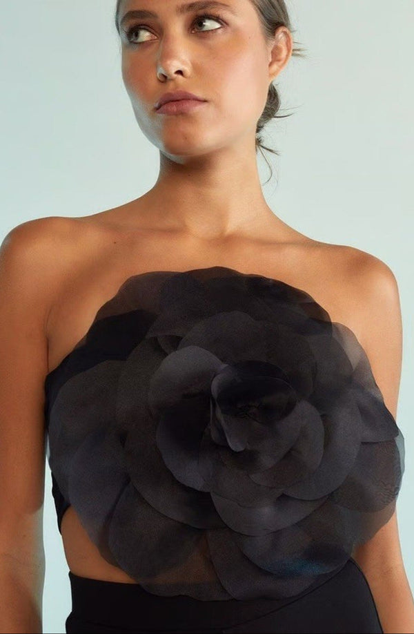 NWOT Cynthia Rowley Women’s Black Organza Flower Bandeau Top – Size Medium