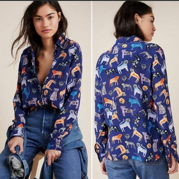 Anthropologie Carolyn Gavin Mariposa Silk Blouse cats leopard blue button down 6