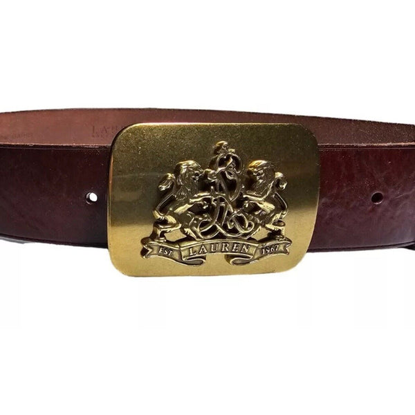 LAUREN Ralph Lauren Unisex Adults Brown Belt Leather Plaque Heritage Lion Buckle Large