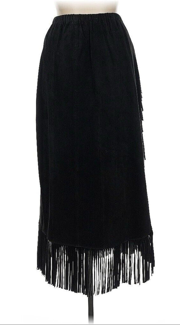 Vintage Ariella Women's Black Leather Suede Fringe Midi Skirt, Size XL