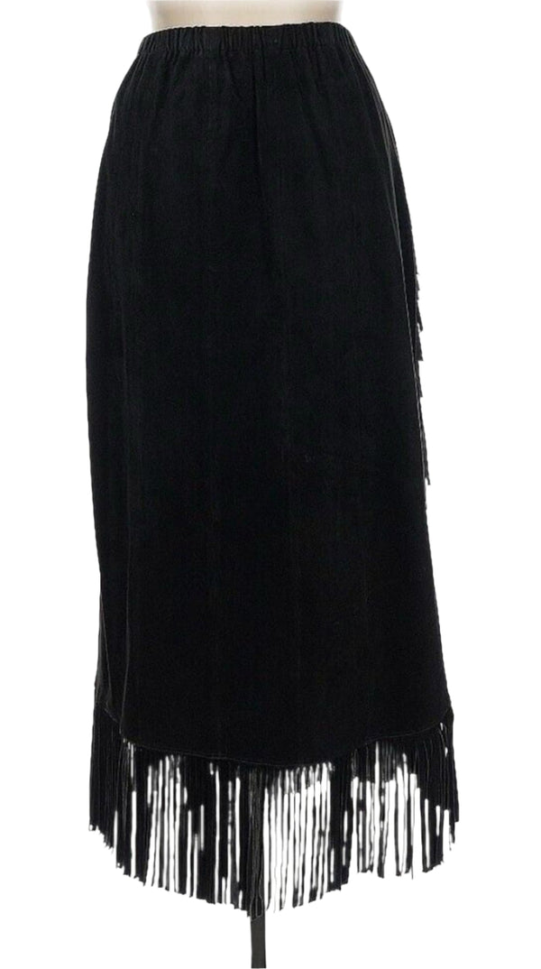 Vintage Ariella Women's Black Leather Suede Fringe Midi Skirt, Size XL