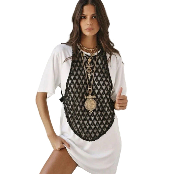 Fashion Nova Women’s Luxe Black Beaded Diana Ross Top – Size Large