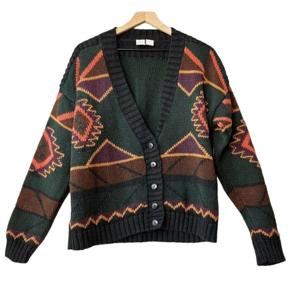 VTG CW Clifford & Wills Women's Aztec Triangle Geometric Green Cardigan Sweater, Medium