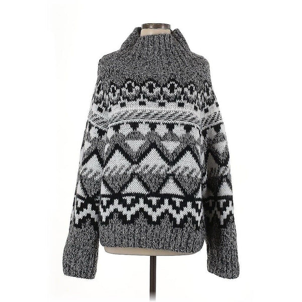 NWT H&M Women's Jacquard Print White Grey Black Fair Isle Mockneck Oversized Sweater Medium