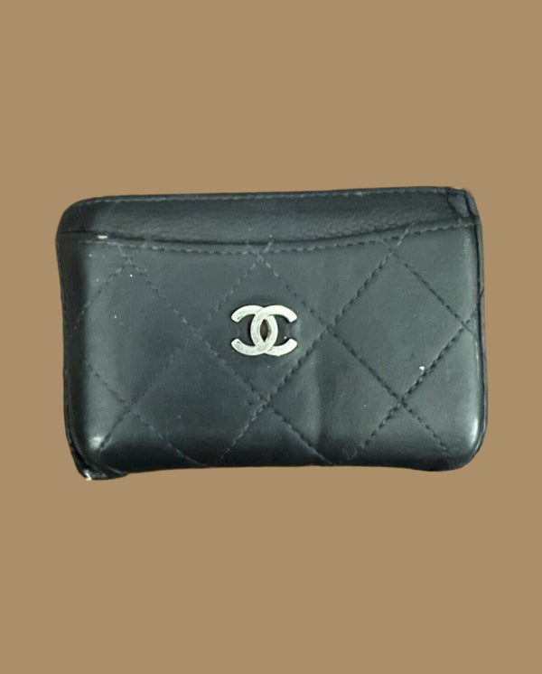 VTG CHANEL Women's Blue Caviar Leather Card Case with Silver CC Logo