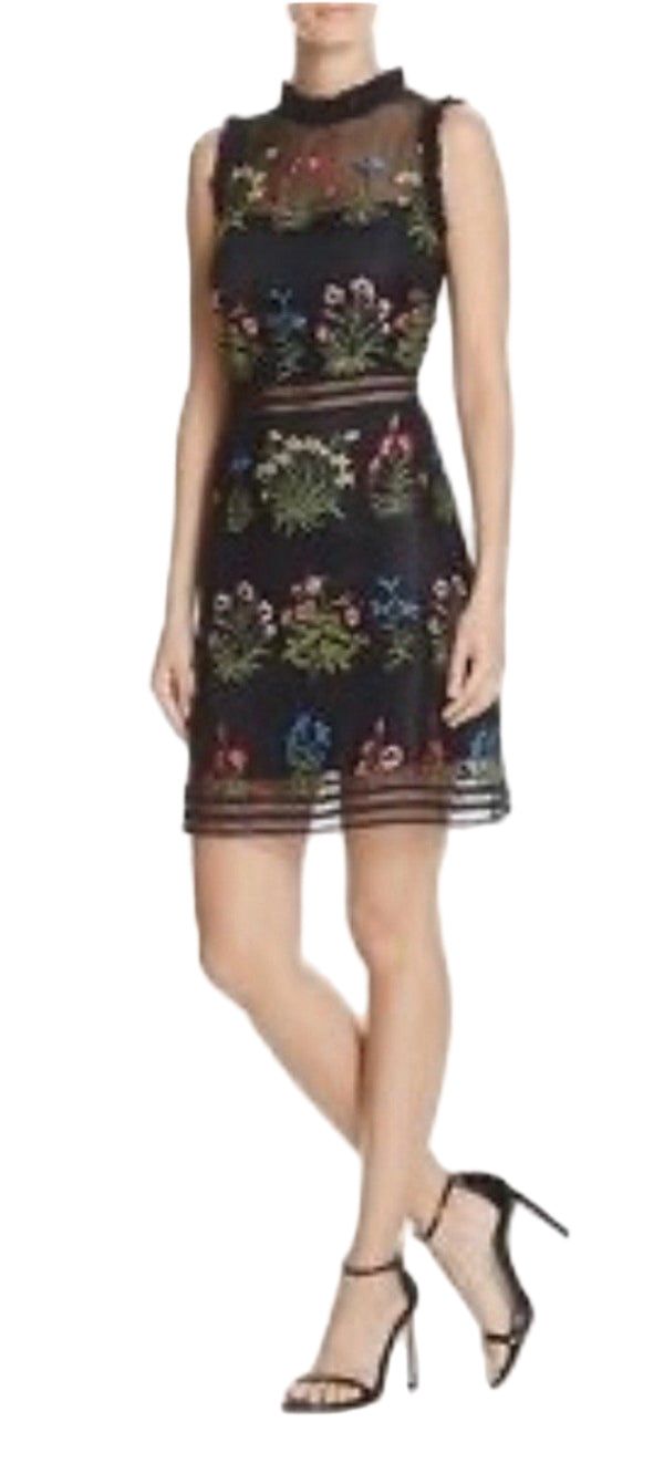 NWT Aqua Women’s Floral Embroidered Mesh Sleeveless Dress Black XS