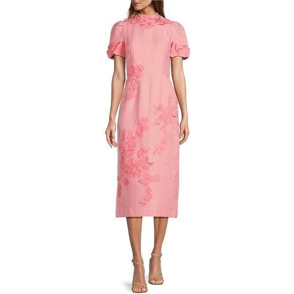 Antonio Melani Willow Pink Floral Applique Mock Neck Short Sleeve Midi Dress 14