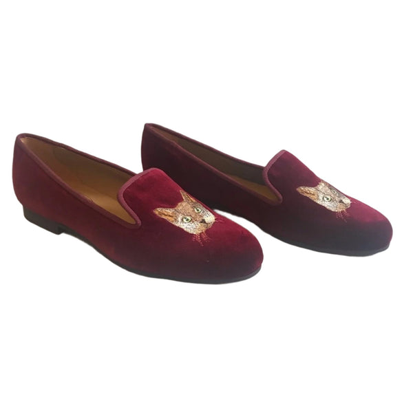 New Journey West Women's Cat Embroidered Red Velvet Loafers, Size 10