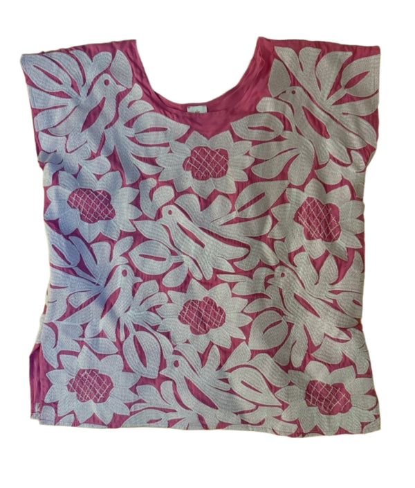 J. Marie Women’s Heavily Bird Sleeveless Embroidered Top in Pink and White — Size Large